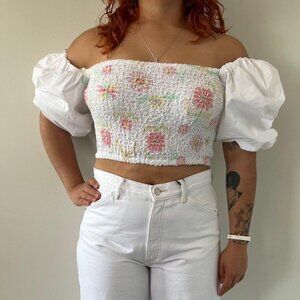Brand New Zara White Floral Cropped Top with Puffy Sleeves Size XL